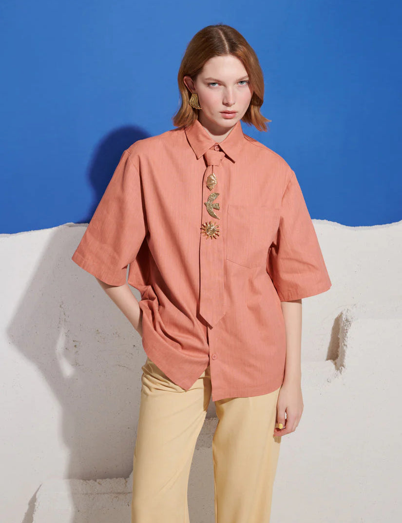 Ochre Boxy Shirt with Tie Pins
