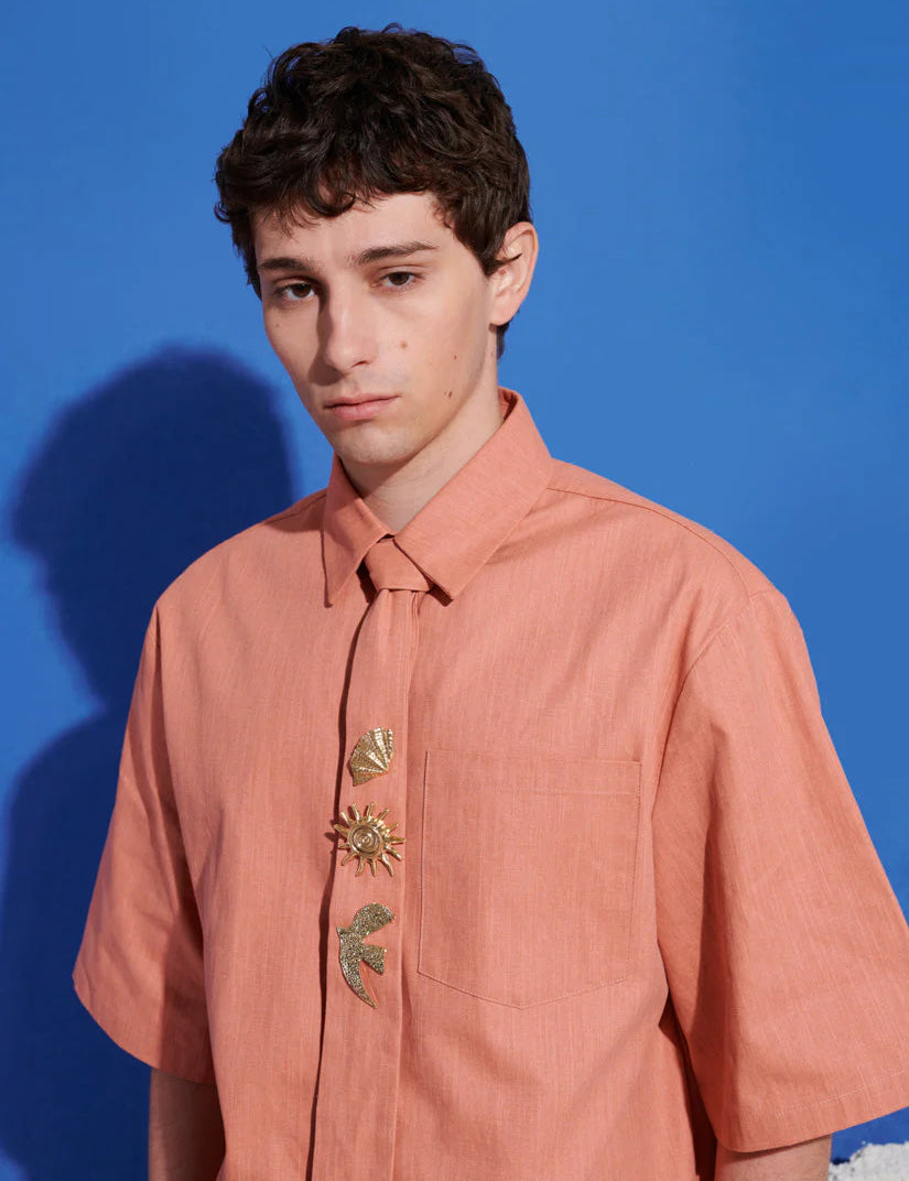 Ochre Boxy Shirt with Tie Pins