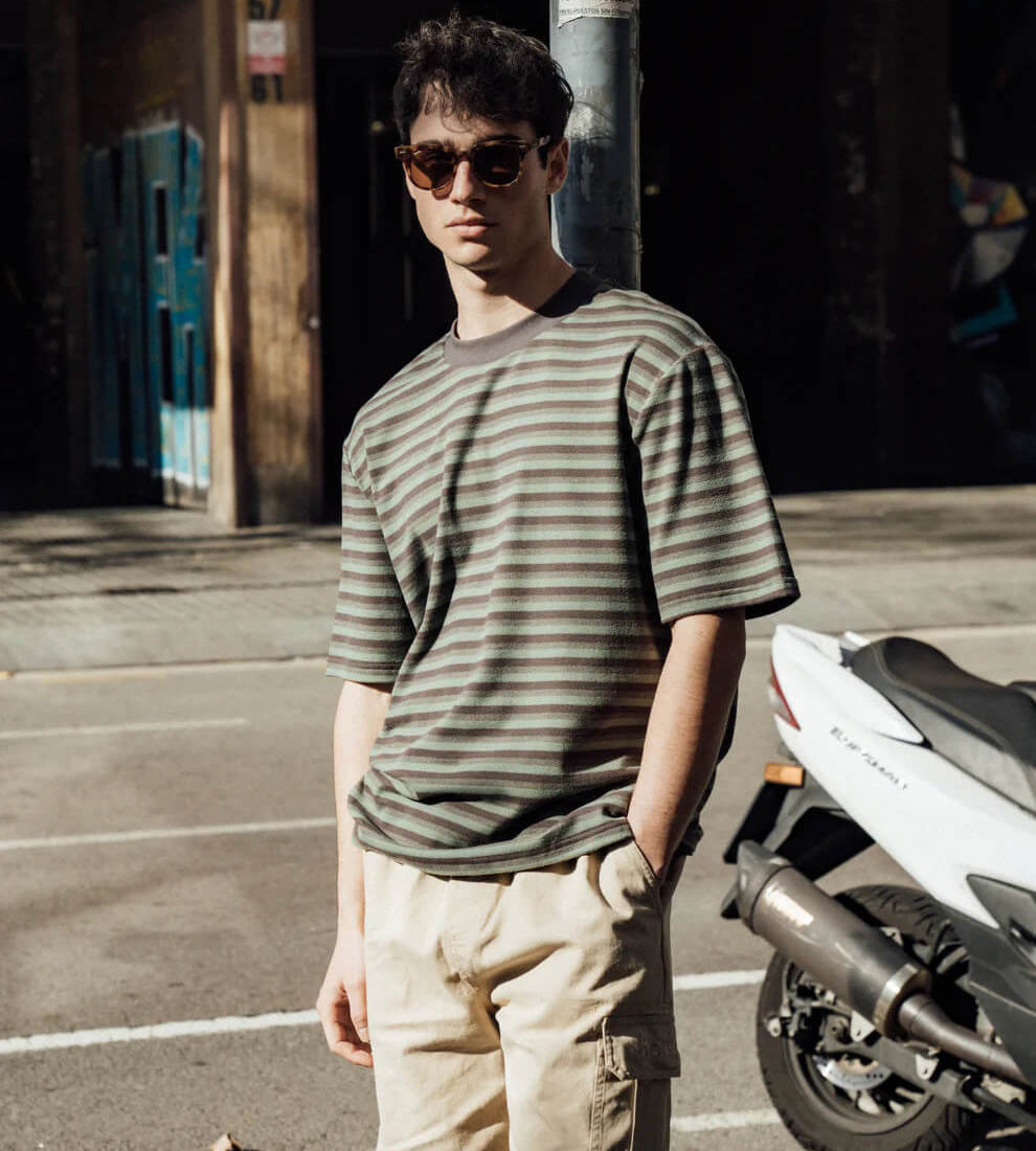 BOUND PEACHED STRIPE TEE - CHARCOAL & SAGE